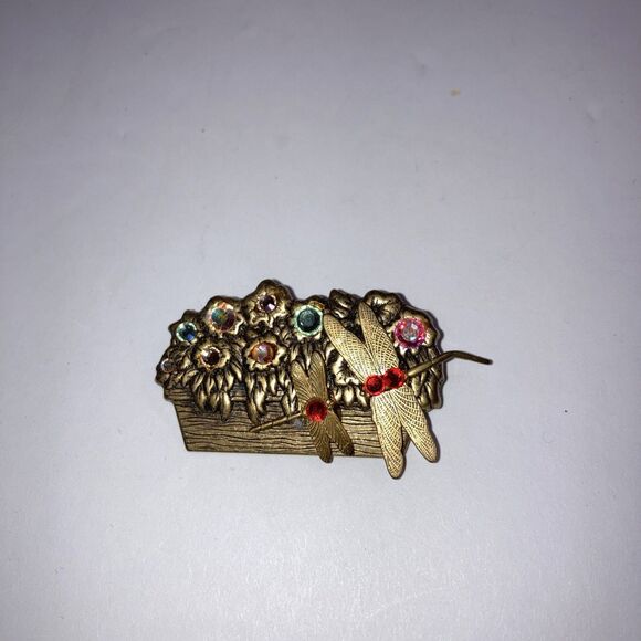 Vintage Unmarked Dragonfly Pin Brooch Bronze With Rhinestones And Orange Stones - Picture 1 of 4